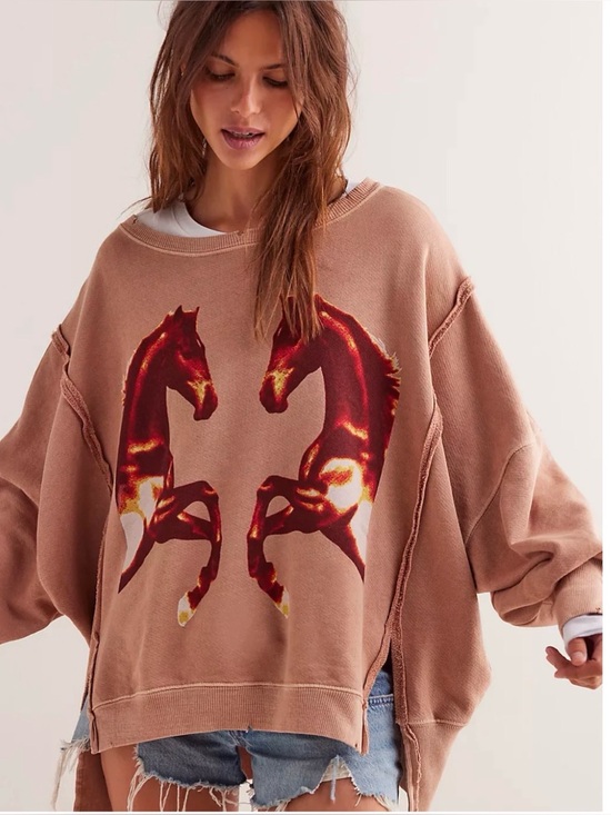 Free People Tops - Free People Graphic Camden Pullover Sweatshirt-Mirrored Horses-S-Boho-Cozy